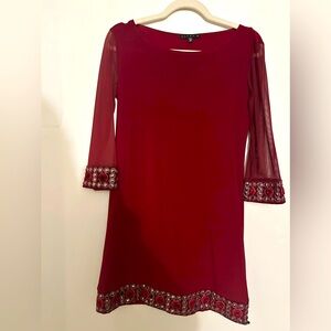 RUBY EMPIRE DRESS SHEER SLEEVE BEJEWELED DETAILS PERFECT NYE PARTY HOLIDAY DRESS